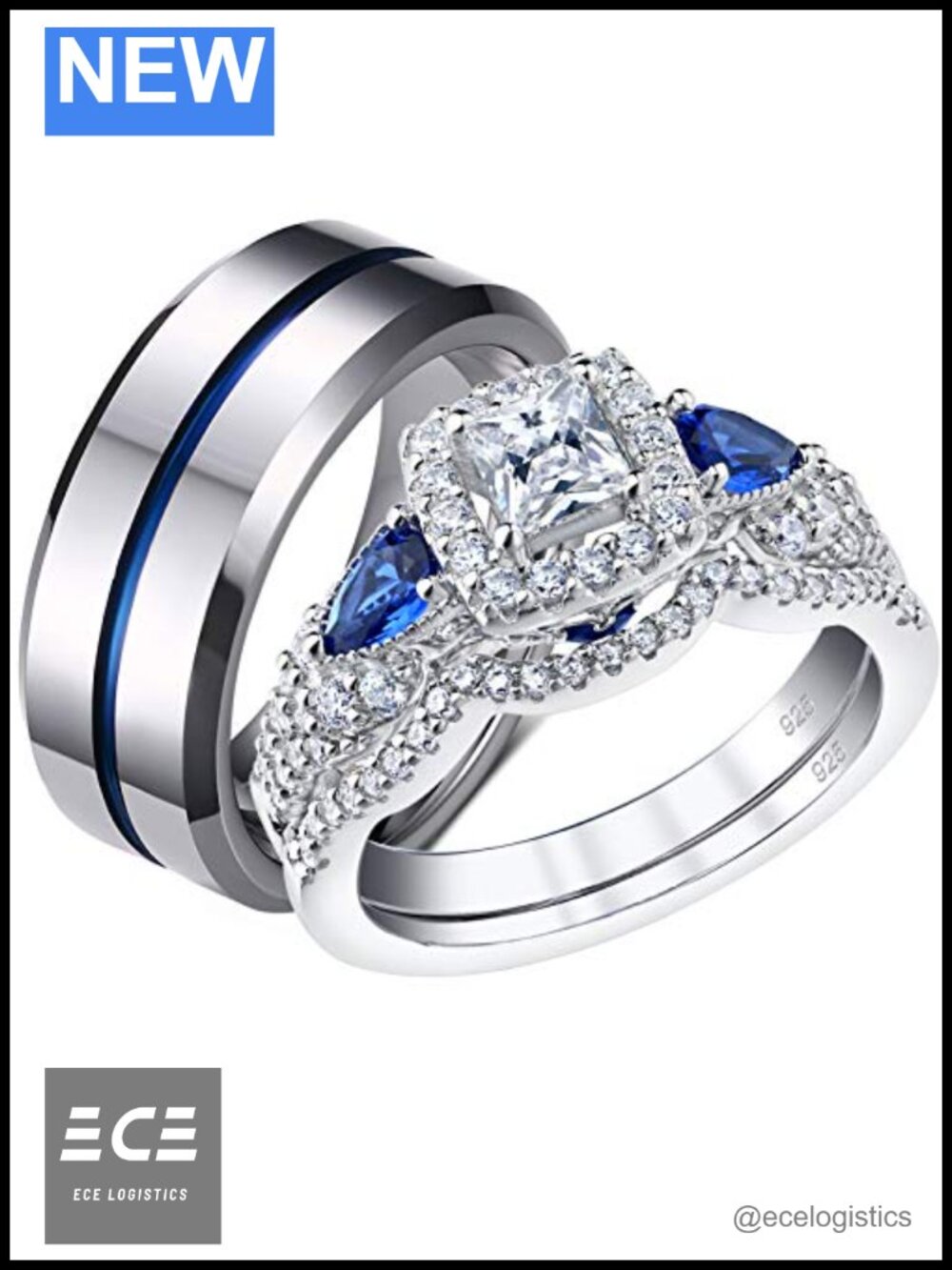 Sterling Silver Princess CZ Wedding Ring Set Tungsten Carbide Band